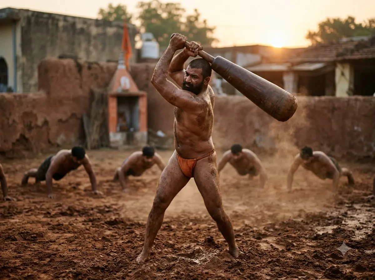 A pehlwan swinging a wooden mugdar club in a mud akhara, with others doing dand push-ups behind him