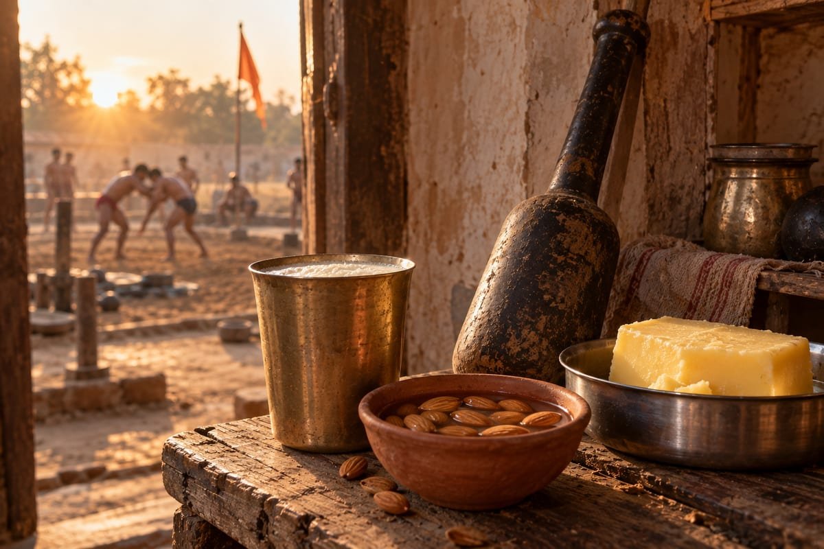 Milk, ghee and soaked almonds on an akhara shelf beside an iron mugdar — Charkhi Dadri, Charkhi Dadri district, Haryana