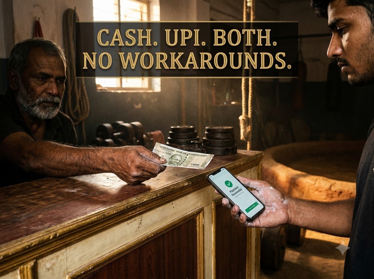 A member paying a gym fee in cash at the desk — Panipat, Panipat district, Haryana